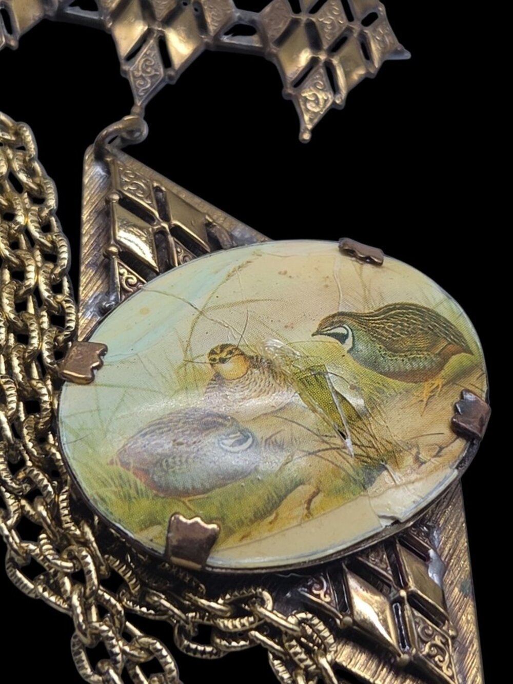 Antique Victorian Celluloid Quail Bird Pendant Necklace Brass Filigree 22" AS IS - Picture 7 of 15